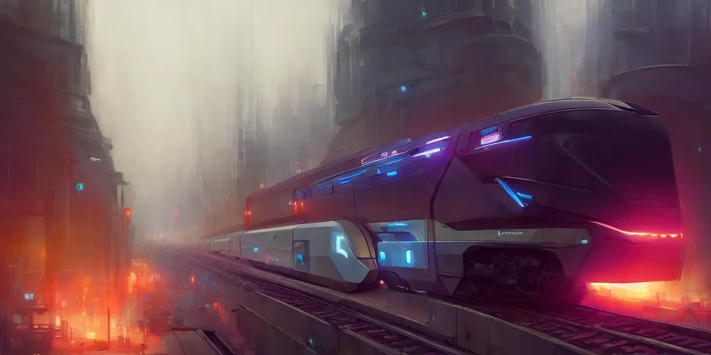 Image similar to a futuristic train goes across futuristic paris in 2 0 7 7, extremely detailed digital painting, in the style of fenghua zhong and ruan jia and jeremy lipking and peter mohrbacher, mystical colors, rim light, beautiful lighting, 8 k, stunning scene, raytracing, octane, trending on artstation