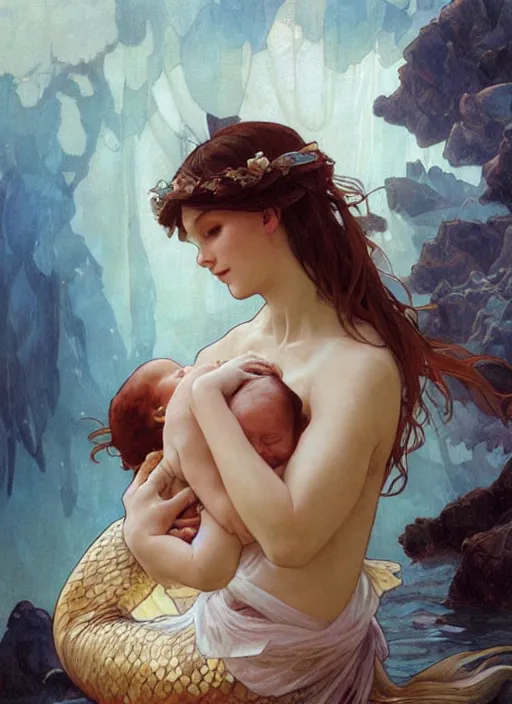 Prompt: a mermaid mother cradling her newborn baby, beautiful painting by artgerm and greg rutkowski and alphonse mucha