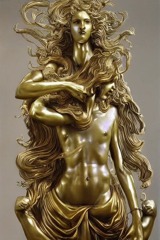 Image similar to marble sculpture depicting a woman programming the samsara holy cluster, hi tech, sci fi, dramatic light, concept art, stunning, visionary, mystical, hyper realistic, beautiful, wow, gilt metal, rich marbles, by gian lorenzo bernini, by brecht evens, by jean delville