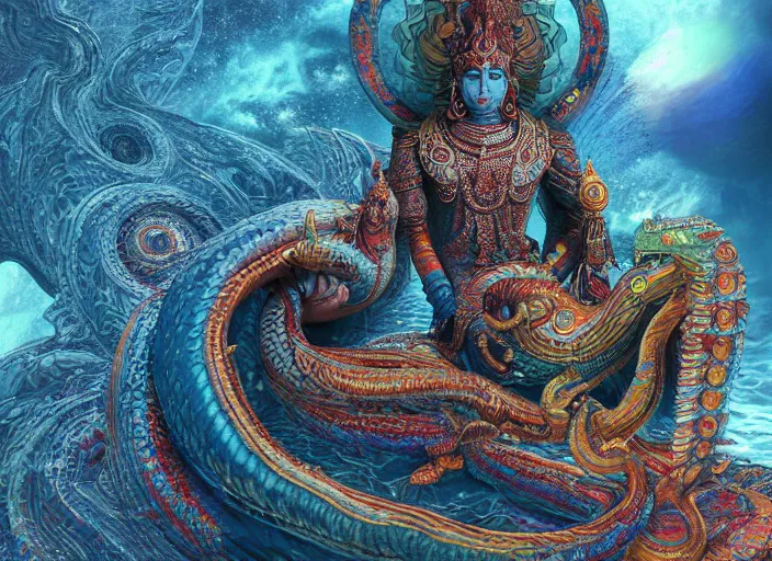 Prompt: vishnu sitting on adishesha the thousand headed universal serpent, floating across the cosmic ocean, digital art, octane render, highly detailed, intricate, by android jones and amanda sage