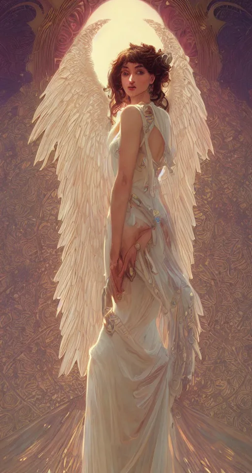 Image similar to beautiful young woman vaporwave aesthetic, synthwave, intricate, elegant, highly detailed, digital painting, wearing long gown, angelic wings, artstation, concept art, smooth, sharp focus, illustration, art by artgerm and greg rutkowski and alphonse mucha