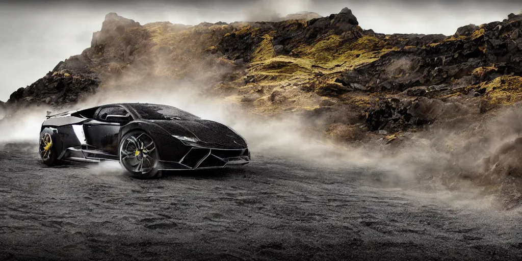 Image similar to a black lego lamborghini driving at the icelandic coast line. black sand. dramatic sky. cinematic. intricate. mist. low angle wide shot. highly detailed. matte painting in the style of andreas rocha. octane render. 8 k. trending on artstation