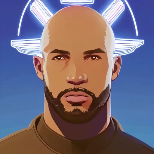 Image similar to a bald terrence boyd as a saint with halo, clean cel shaded vector art. shutterstock. behance hd by lois van baarle, artgerm, helen huang, by makoto shinkai and ilya kuvshinov, rossdraws, illustration,