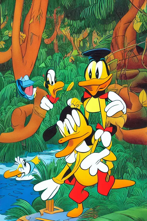 Prompt: donald ducks and friend adventure in the jungle by carl barks