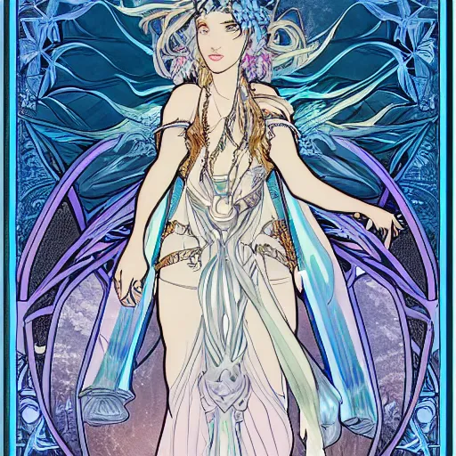 Image similar to ice godess devil of tranquility with poison ability, stone background ::1 hyper detailed, character concept, full body, dynamic pose::2 intricate lineart, cerpuscular rays, by yoshitika amano, alfons mucha, 4k