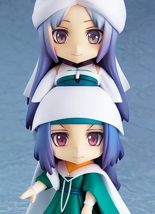 Image similar to nendoroid anime beautiful female witch with long, blue hair and green eyes, pretty symmetrical face, fullbody, white robes blue skirt, anime, nendoroid,