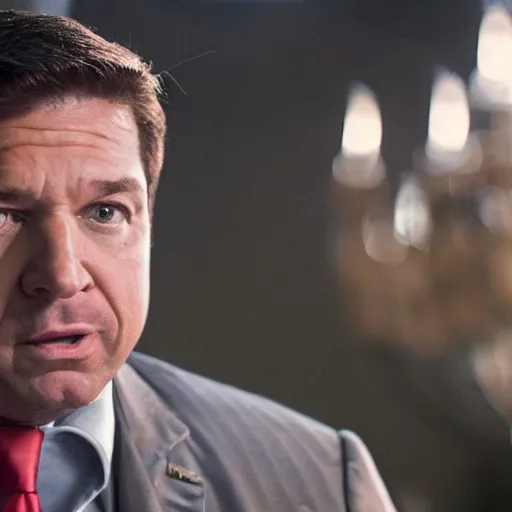 Prompt: a photographic still of Ron DeSantis starring as Tony Montana, cinematic