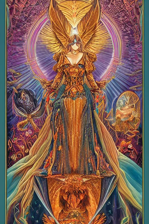 Image similar to beautiful tarot card of the queen of dreams by carol bak and dan mumford and alex grey, oil on canvas, intricate border, symmetrical, portrait, 8k highly professionally detailed, HDR, CGsociety