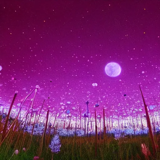 Image similar to field of beautiful luminescent pink and blue mycena fungi, emitting spore clouds, midnight, huge golden moon with small craters visible in night sky, hyperrealistic, detailed, soft lighting, fireflies