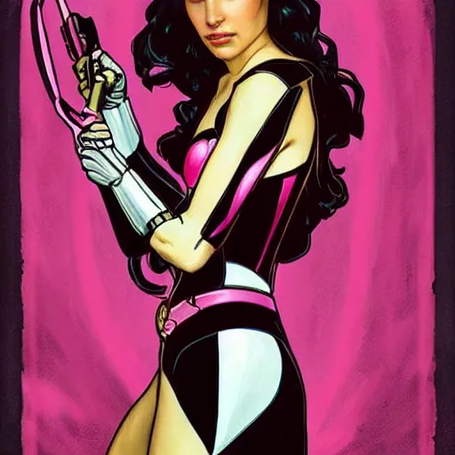 Image similar to a moderne painting of gal gadot as the pink power ranger in the style of charlie bowater, and in the style of alphonse mucha. sharp focus, semi - realism, intricate detail.