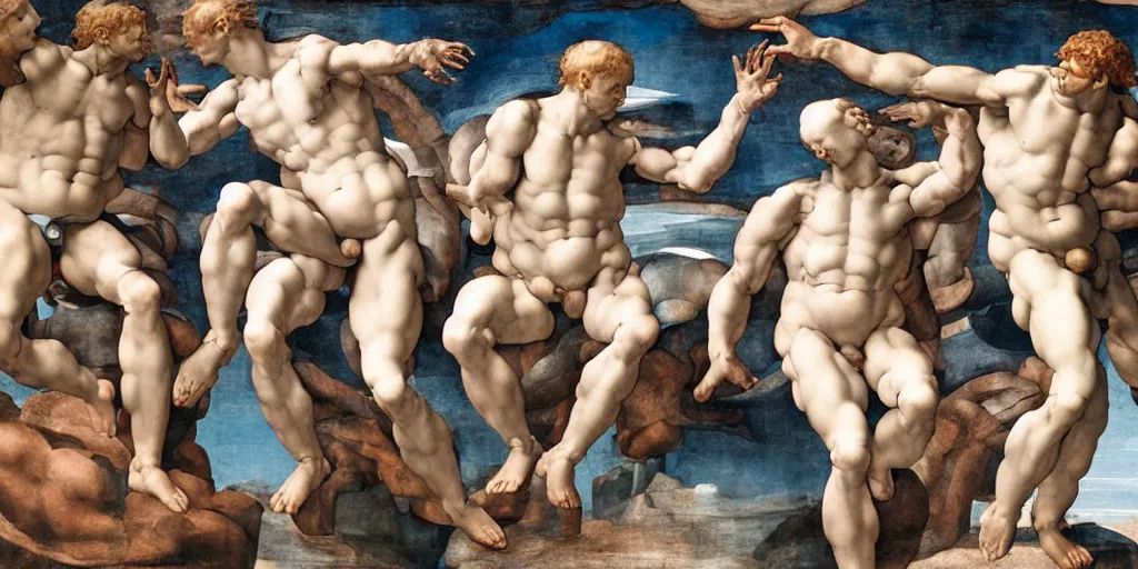 Image similar to creation of adam by michelangelo, cyborg and human, ultra detailed,