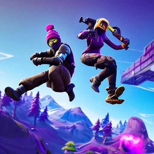 Prompt: Epic photo of fortnite ninja epic Duo Stunt trick with Johnny Blazed jumping 10 fortnite battle buses