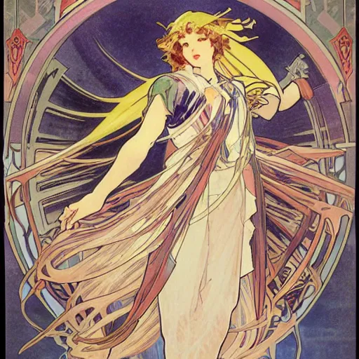 Prompt: anime manga mecha gundam angel angelic portrait by Alphonse Mucha art nuevou