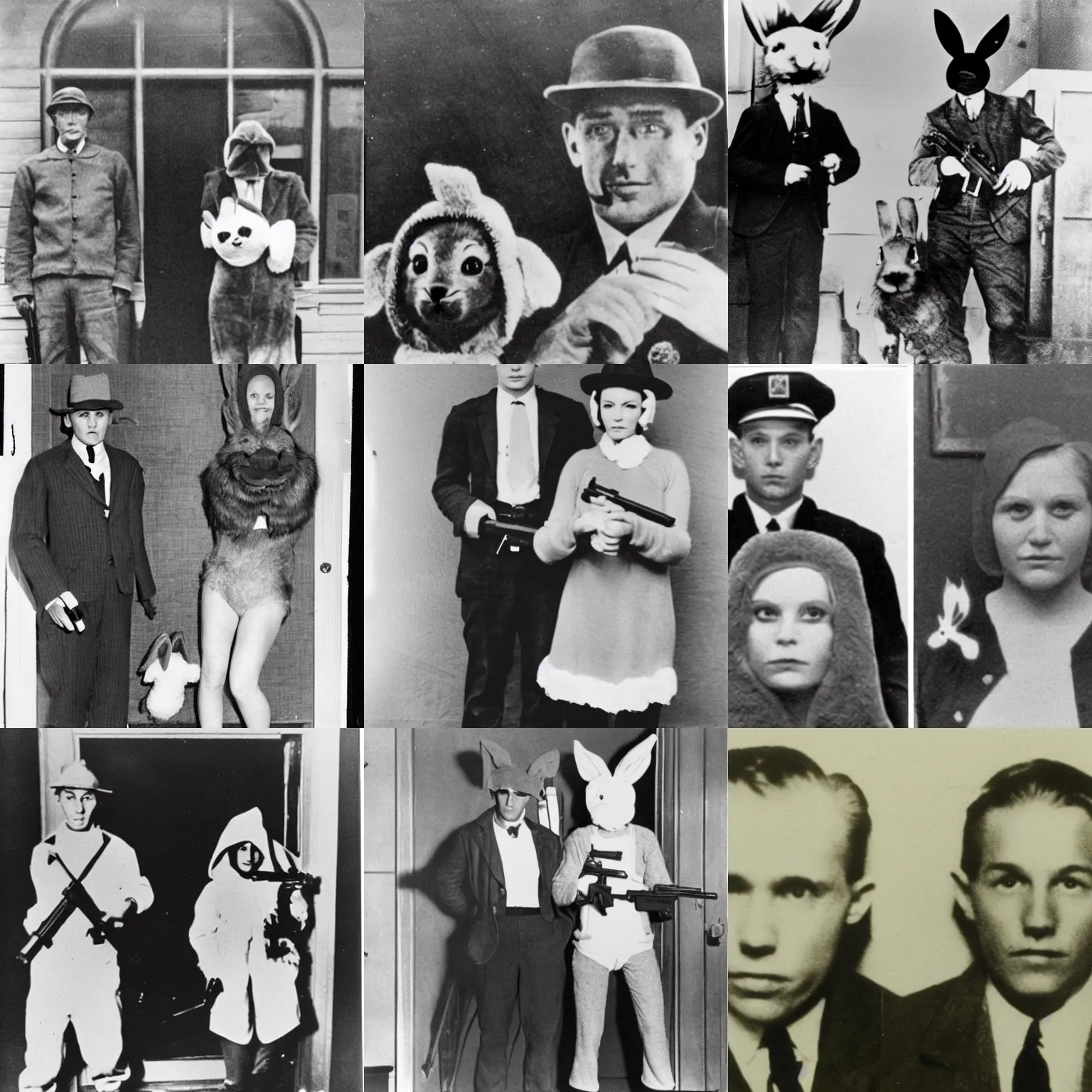Prompt: Bonnie and Clyde wearing bunny costume, gun, bank robbery, police