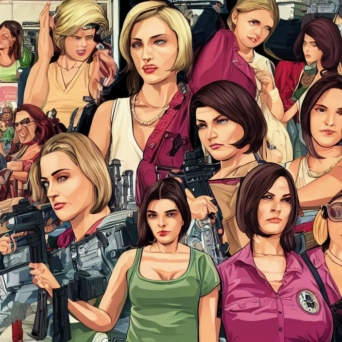 Prompt: female protagonists in gta, cover art by stephen bliss, boxart