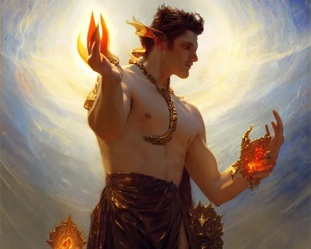 Image similar to attractive male deity, casting demonic magic, summoning handsome lucifer morning star. highly detailed painting by gaston bussiere, craig mullins, j. c. leyendecker 8 k