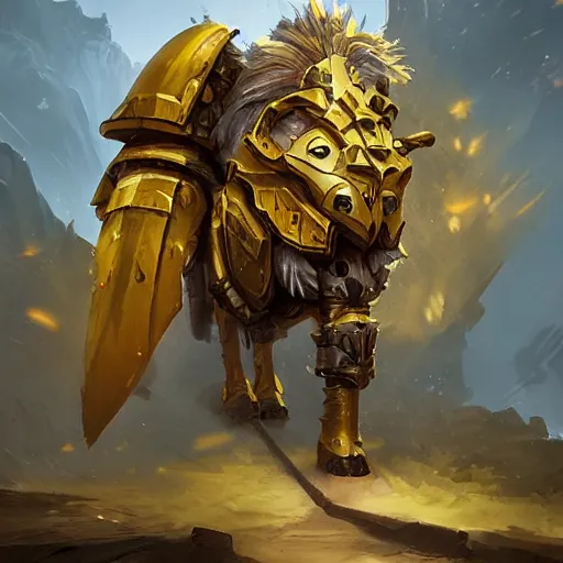 Prompt: yellow heavy armored knight with the head of a lion, lion head, epic fantasy style, in the style of Greg Rutkowski, hearthstone artwork