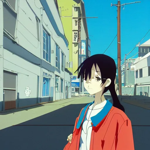 Image similar to anime girl with upturned collars, collar over mouth, blue jacket. cel - shading, 2 0 0 1 anime, flcl, jet set radio future, golden hour, japanese town, concentrated buildings, japanese neighborhood, electrical wires, cel - shaded, strong shadows, vivid hues, y 2 k aesthetic