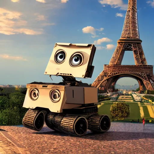 Prompt: wall - e visiting the eiffel tower, realism, 4 k, rim lighting,