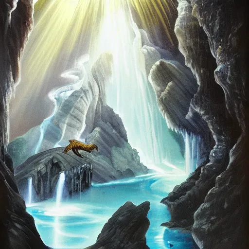 Image similar to oil painting of a dragon flying in the air near a cave with a waterfall in the center, light emanating from the waterfall leading to a big pool of water, dragon has black and white siberian tiger stripes, elegant, sharp focus, wide shot, clear, detailed, early renaissance