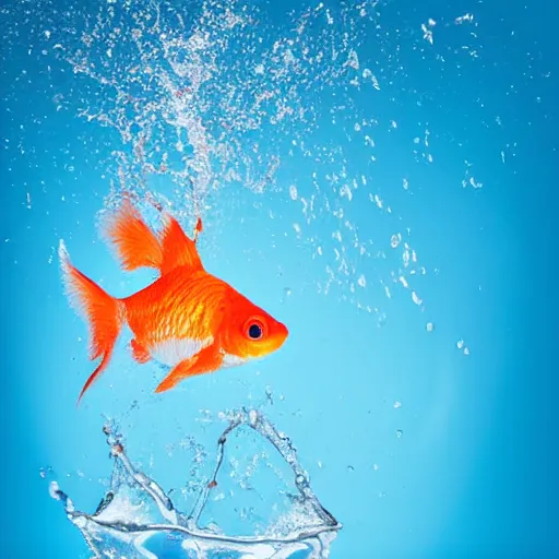 Prompt: stock photo of goldfish jumping in the air splahing water out of the water bowl to freedom blue background