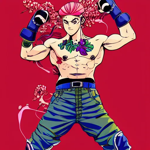 Image similar to hibiscus boxer, punching, jojo cover art, jojo anime style, david production, style of vento aureo cover art, style of stone ocean cover art, style of steel ball run cover art, style of jojolion cover art, ilya kuvshinov style, illustrated by hirohiko araki