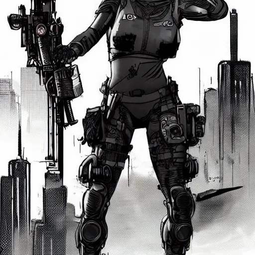 Prompt: Selina. USN special forces futuristic recon operator, cyberpunk military hazmat exo-suit, on patrol in the Australian autonomous zone, deserted city skyline. 2087. Concept art by James Gurney and Alphonso Mucha