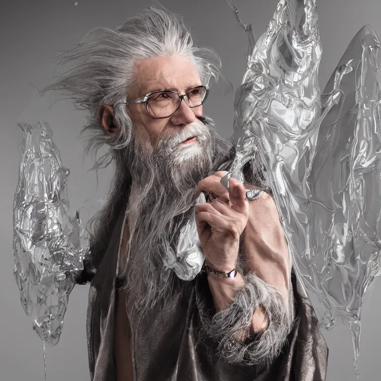 Image similar to high fashion photoshoot octane render portrait by wayne barlow and carlo crivelli and glenn fabry, a distinguished sci - fi futuristic wizard with a long white beard wearing a clear plastic iridescent wizard robes and holding a magical adorable critter while standing inside a futuristic beautiful boutique hotel lobby, very short depth of field, bokeh