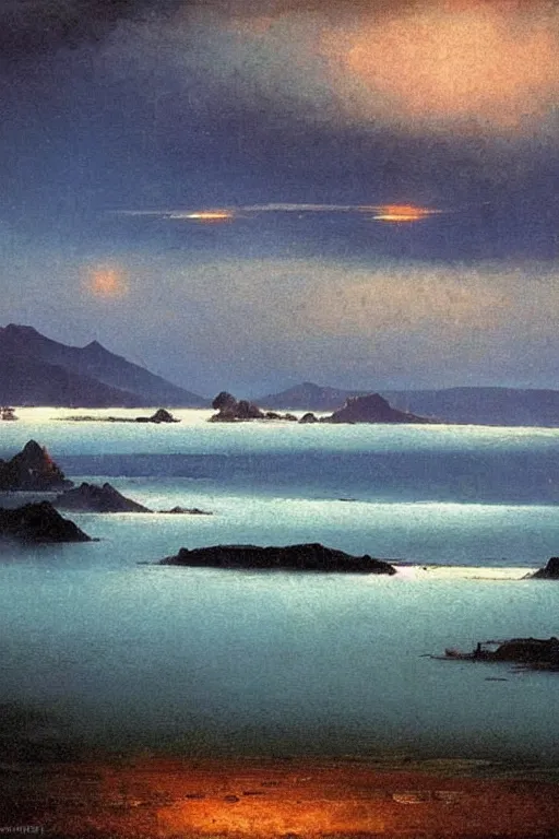 Image similar to Donegal landscape after the storm, the sea is shimmering, arkhip kuindzhi, twilight,