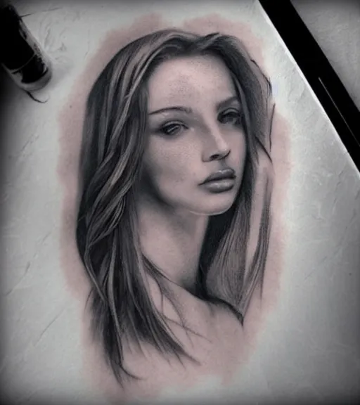 Image similar to a beautiful girl portrait, faded mountain background, realism tattoo, in the style of den yakovlev, black and white, hyper realistic, highly detailed