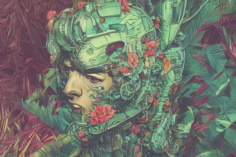 Image similar to gigantic mecha head, a lot of exotic vegetation, trees, flowers by moebius, dull colors, junji ito, tristan eaton, victo ngai, artgerm, rhads, ross draws, hyperrealism, intricate detailed, risograph