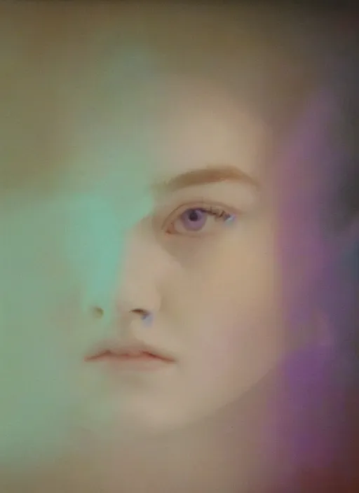 Prompt: out of focus photorealistic portrait of elle fanning by sarah moon, very blurry, translucent white skin, closed eyes, foggy, violet and aqua neon lights