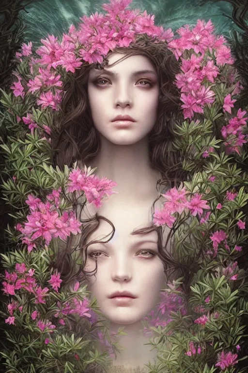 Image similar to a goddess of azaleas!! standing in a windy underwater garden! with a beautiful symmetrical face!!! cinematic lightning, murky dusty deep, smoky eyes, isolated, studio lighting by artgerm and tom bagshaw