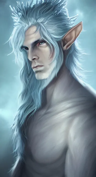 Image similar to the prince of frost standing alone in his court, single person, archfey, head and shoulders portrait, fantasy, white hair, blue skin, wild eyebrows, young adult, elf, crown, hard edges, soft lighting, professional lighting, trending on artstation