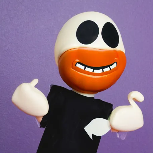 Image similar to photo of vinyl designer toy, cartoon character, head moon crescent, creepy smiling evil face with wrinkles, holds a knife in hand