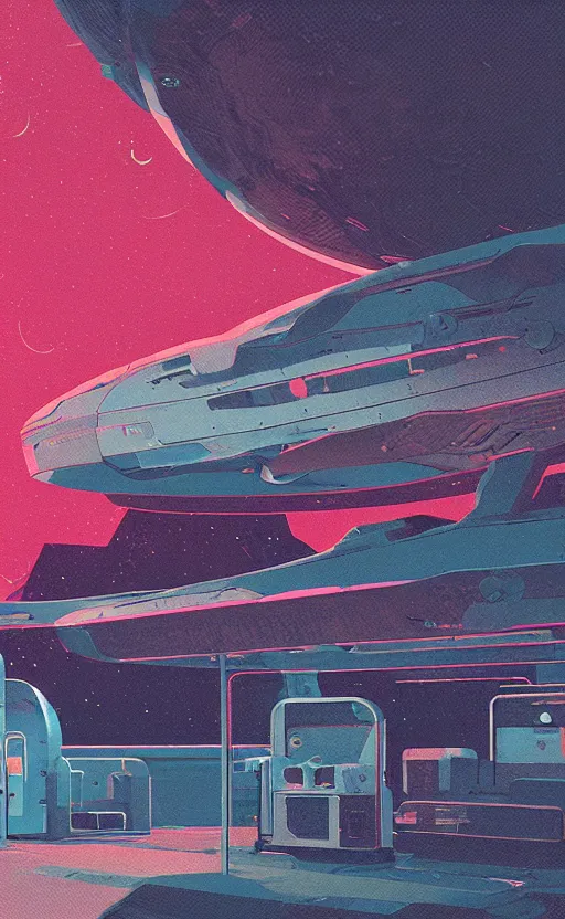 Image similar to spaceship in a gas station in space, sharp focus, james gilleard, moebius, sci - fi, print, risograph, cinematic, game art