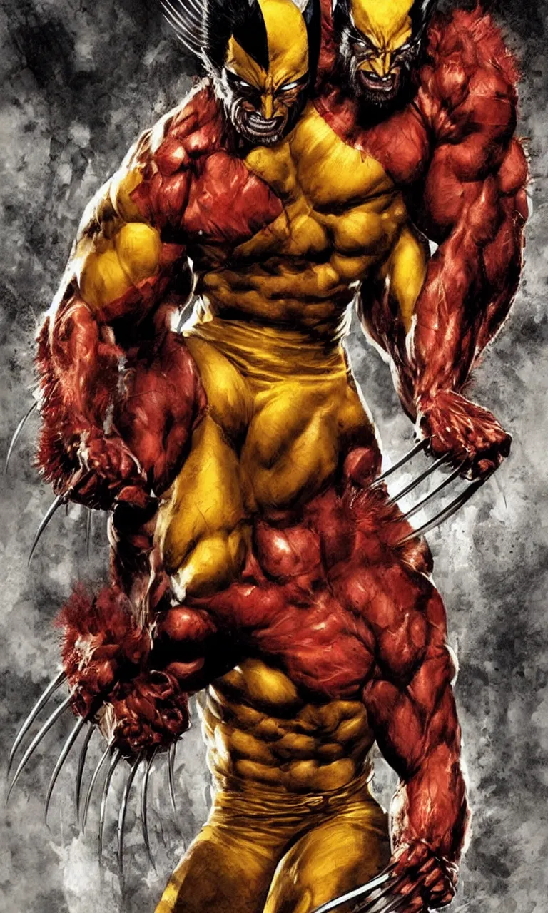 Image similar to elegant detailed artwork of wolverine character redesign by lee bermejo and simon bisley, yellow and red color scheme