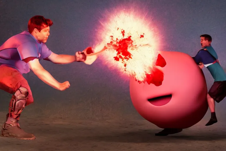 Prompt: a photo of an injured man fighting a giant kirby, photorealistic, bloody, 8 k