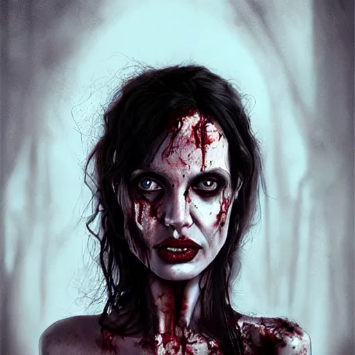 Image similar to a zombie Angelina Jolie, by WLOP, horror, wounds, bloody, dark fantasy, trending on artstation