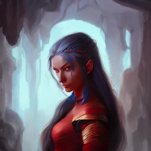 Prompt: A detailed matte oil on canvas portrait of a elven woman with blue red heterochomia and red hairs by greg rutkowski and Charlie bowater, trending on artstationhd, dungeons and dragons art