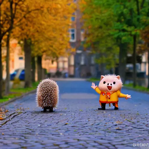 Image similar to 2 hedgehogs walking across the street next to eachother in Bruges, Belgium, in the style of shinji aramaki, autumn, evening, romantic