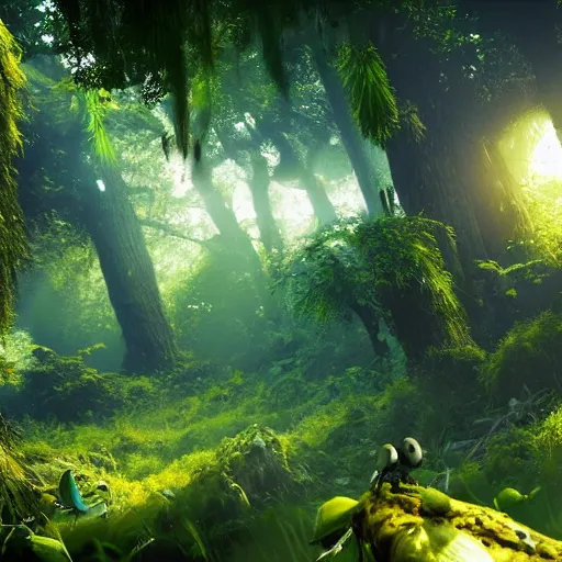 Prompt: a lush alien forest, yellow and green sky, birds in flight, humid alien jungle, atmospheric, exotic, unreal engine, trending on artstation