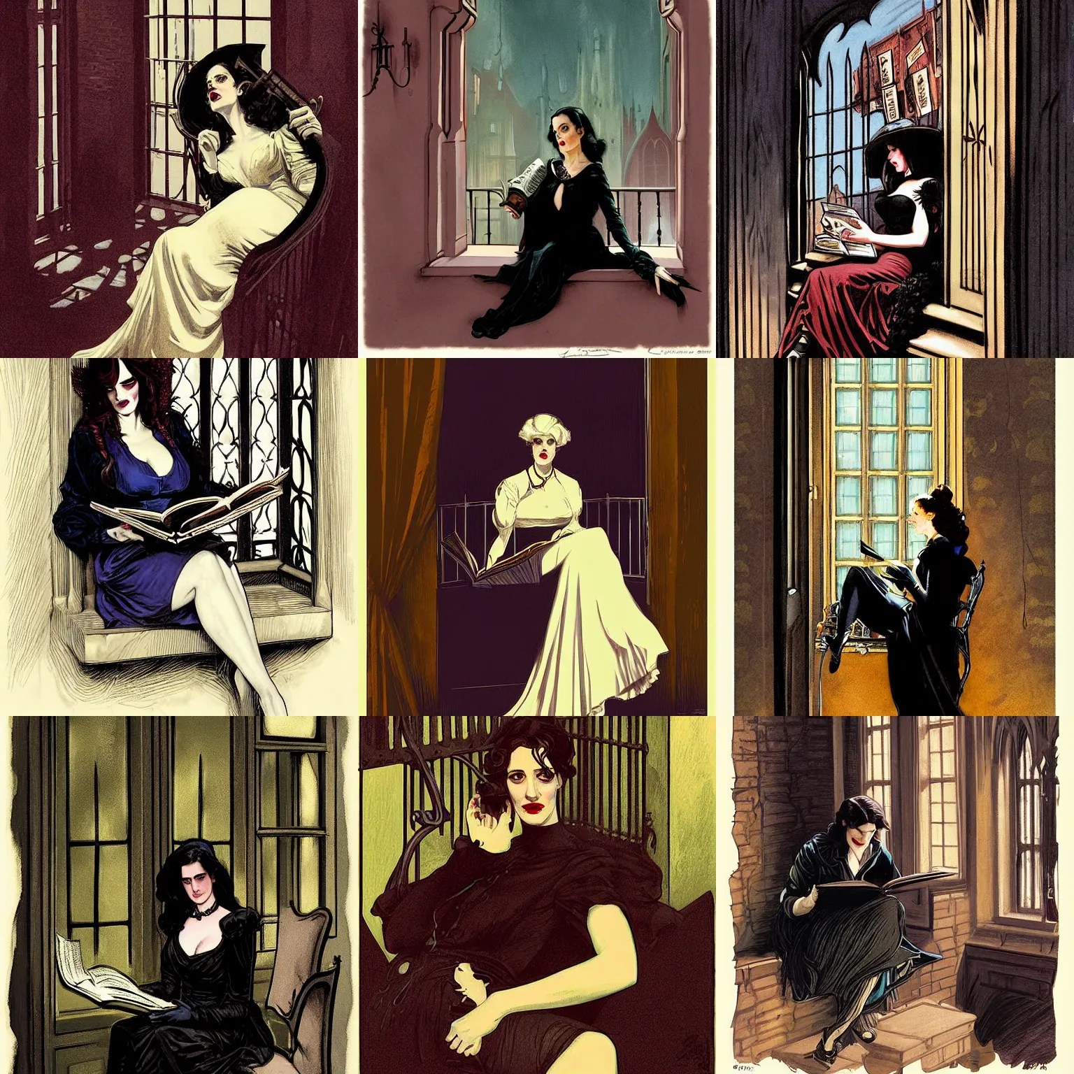 Prompt: character portrait of eva green sitting down on a fire escape reading comics in gothic london, gothic, john singer sargent, muted colors, moody colors, illustration, digital illustration, amazing values, art by j. c. leyendecker, joseph christian leyendecker, william - adolphe bouguerea, graphic style, dramatic lighting, gothic lighting