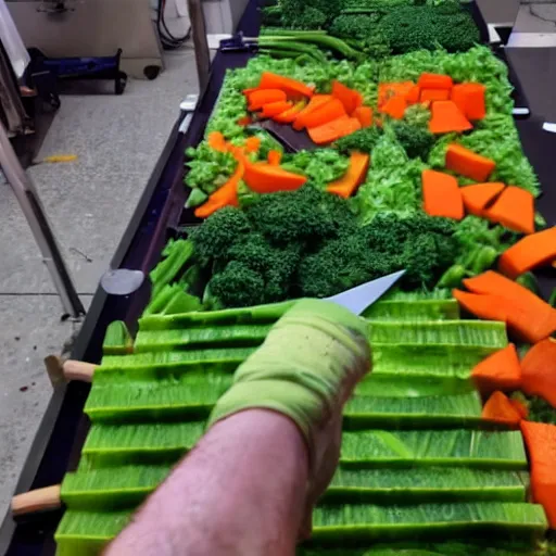 Image similar to first person view, pov, 9 0 degrees fov, me cutting vegetables