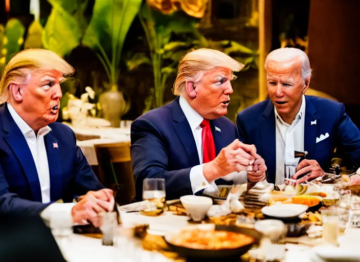 Prompt: Trump and Biden having dinner at a fancy Balinese restaurant, award winning cinematic photography, 50 mm, blurred background, trending on twitter