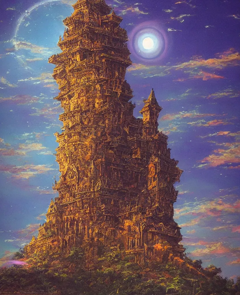 Image similar to “ a detailed painting in the style of noriyoshi ohrai of an ancient holy tower, it is a glowing fortress and has iridescent mana radiating from it into the aether. it is centered. the background is the sky at night. retrofuturistic fantasy ”