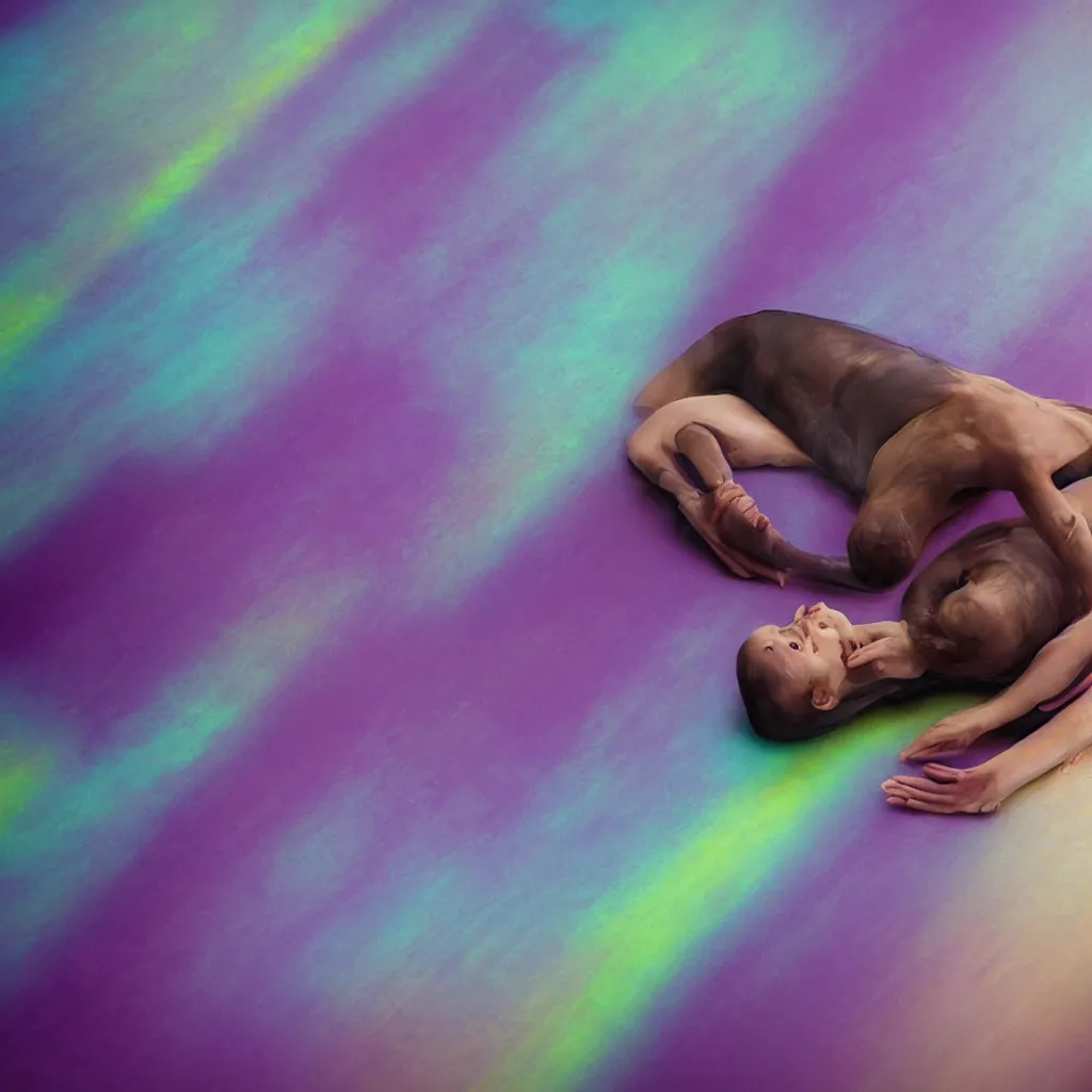 Image similar to cinestill close - up of iridiscent oil slick corpses connected by tubes to wax technical forms to a buried baby relaxing on yoga mat, faded, iridiscent gradient, purple fog, depth of field, blur, very detailed, by nadav kander and hans bellmer, 8 k, ultrarealistic, sad atmosphere, cinematic, 8 5 mm lens