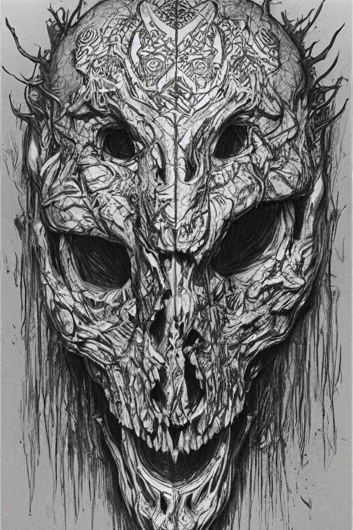 Image similar to ancient slavic tribal shaman animal skull mask demon head album cover hyper detailed concept art sheet crosshatch sketch illustration art style by Jonathan Wayshak and Toshihiro Egawa and Zdizslaw Beksinski and Artstation trending 8k