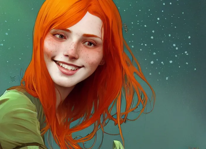 Prompt: portrait of a beautiful smiling girl with orange hair and freckles, green eyes, highly detailed, digital painting, concept art, smooth, sharp, focus, background is purple, trending on deviantart, alphonse mucha, WLOP