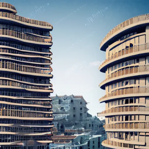 Prompt: architecture photo of a wavy building with many balconies made from ligaments and bones and tendons and tissue 8 k detailed hd digital render steampunk